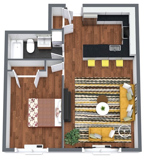 Floor plan for 1 bed, 1 bath, 570 sqft